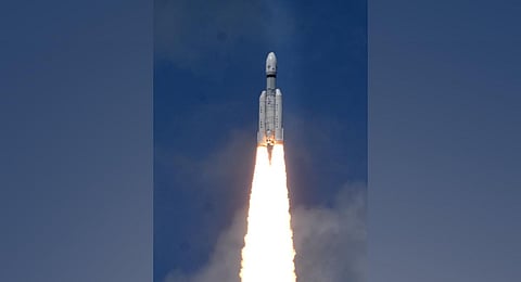 ISRO’s launch vehicle Mark-III (LVM3) M4 rocket carrying ‘Chandrayaan-3.’ (Photo | Express)