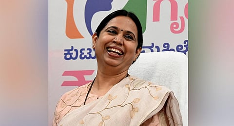 Women and Child Welfare Minister Laxmi Hebbalkar addresses a press conference at Vidhana Soudha in Bengaluru. (Photo | Shashidhar Byrappa, EPS)  ​