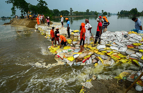Volunteers make an embankment in a flooded area after the breach in the Sutlej river, in Jalandhar district, Saturday, July 15, 2023. (Photo | PTI)