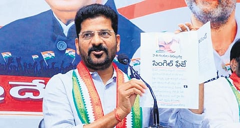 TPCC president Revanth Reddy addressing a press meet in Hyderabad on Monday