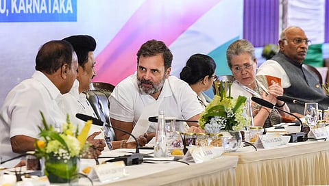 TR Baalu, MK Stalin, Rahul Gandhi, Mamata Banerjee, Sonia Gandhi and Mallikarjun Kharge during opposition parties' meet, in Bengaluru, on July 18, 2023. (PTI)
