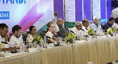 MK Stalin, Rahul Gandhi, Mamata Banerjee, Sonia Gandhi, Mallikarjun Kharge, Nitish Kumar, Arvind Kejriwal and others  during opposition meet. (Photo | PTI)
