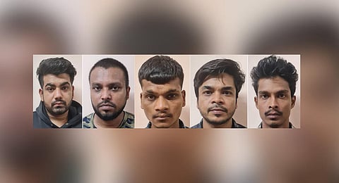 Suspected terrorists Faisal, Mudasir, Suhail, Umar and Zahid (from left) were arrested by CCB from Sultan Palya, R T Nagar in Bengaluru on Wednesday. (Express)