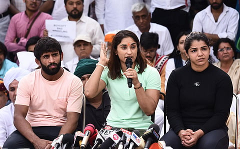 (From L to R) Wrestlers Bajrang Punia, Vinesh Phogat and Sakshi Malik (Photo | Parveen Negi, EPS)
