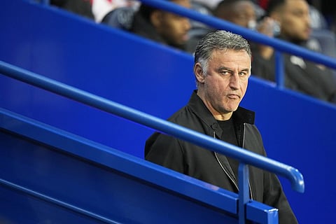 PSG's head coach Christophe Galtier enters to the field prior to their French League One soccer match against Lens at Parc des Princes stadium. (Photo | AP)