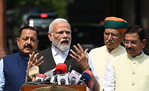 Prime Minister Narendra Modi addresses the media on the first day of the Monsoon Session of Parliament, in New Delhi. (Photo | Shekhar Yadav, EPS)
