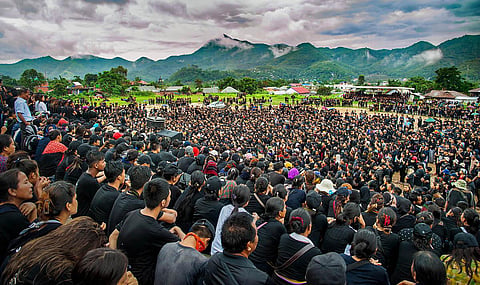 Members of the Indigenous Tribal Leaders’ Forum at a protest rally  over the parading of women naked, in Churachandpur district of Manipur. (Photo | PTI)