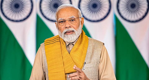 Prime Minister Narendra Modi digitally addresses the G20 Energy Ministers' meeting, from New Delhi, Friday, July 21, 2023. (Photo | PTI)