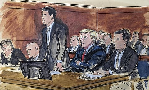 In this courtroom sketch, Donald Trump's attorney enters a plea of not guilty on behalf of the former US President in a federal court in Miami, on June 13, 2023. (Photo | AP)