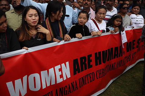Representational Image: Members of Christian communities protest against the violence prevailing in Manipur near Tank Bund Road in Hyderabad. (Photo | Sri Loganathan Velmurugan, EPS)