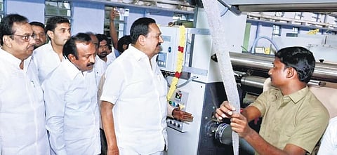 Handlooms Minister R Gandhi  inspecting Tamil Nadu Co-operative Textile Processing Mill in Erode on Monday | Express
