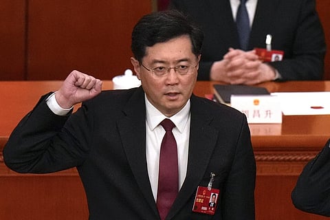 FILE - Chinese Foreign Minister Qin Gang takes his oath during a session of China's National People's Congress (NPC) at the Great Hall of the People in Beijing on March 12, 2023. (Photo | AP)