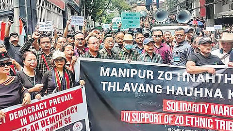 Mizoram CM Zoramthanga, along with members of civil society organisations, takes part in a demonstration to express solidarity with the Zo people in Manipur | pti