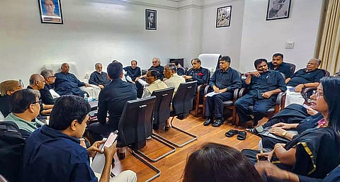 Congress President and Leader of Opposition in Rajya Sabha Mallikarjun Kharge meets with other leaders of the INDIA alliance parties at his chamber in Parliament House, July 27, 2023. (Photo | PTI)
