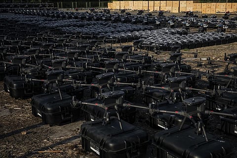 1700 drones are displayed before being sent to the frontline, to be used against Russian forces in Kyiv, Ukraine, July 25, 2023. (Photo | AP)