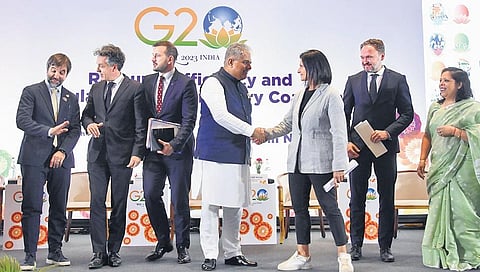 Union Minister Bhupendra Yadhav shakes hands with Italian minister Vannia Gava during the G20 meeting in Chennai on Thursday | Ashwin Prasath