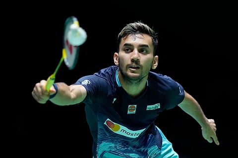 India's Lakshya Sen returns a shot against Indonesia's Jonatan Christie during a semifinal badminton match of the men's singles in the Japan Open. (Photo | PTI)