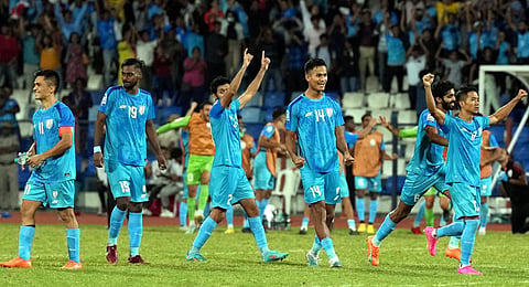 Indian players celebrate after winning over Lebanon in penalty shootout during the 2nd semifinal of SAFF Championship.(Photo | PTI)