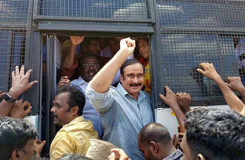 Dr Anbumani Ramadoss detained by Cuddalore police during a protest against NLCIL on July 28, 2023. (Photo | Express)