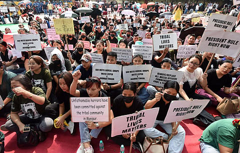 Members of the Kuki-Zo Women's Forum protest at Jantar Mantar, New Delhi, demanding a separate administration for the tribal population of Manipur living in its hill districts. 