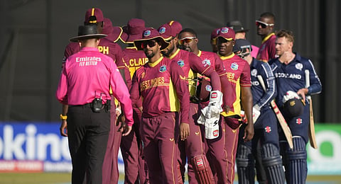 Representational Image: West Indies players shake hands after loosing to Scotland in their ICC Men's Cricket World Cup Qualifier match., July 2023. (Photo | AP)
