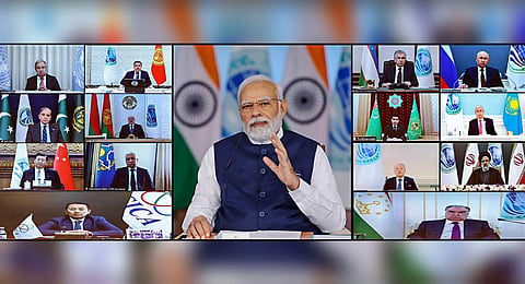 Prime Minister Narendra Modi addresses at SCO Summit via video conferencing, Tuesday, July 4, 2023. (Photo | PTI)