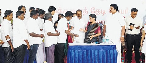 Mayor R Priya receiving petitions during the Makkalai Thedi Mayor meeting in Adyar on Wednesday | Express