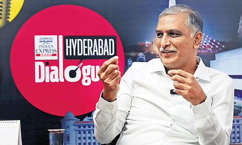 Finance and Health Minister T Harish Rao gestures as he interacts with TNIE team during his visit to The New Indian Express office in Hyderabad  | sri loganathan velmurugan