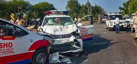 Damaged police vehicles, allegedly vandalized by miscreants after clashes broke out during a 'Brij Mandal Jalabhishek Yatra', in Nuh, Monday, July 31, 2023. (Photo | PTI)