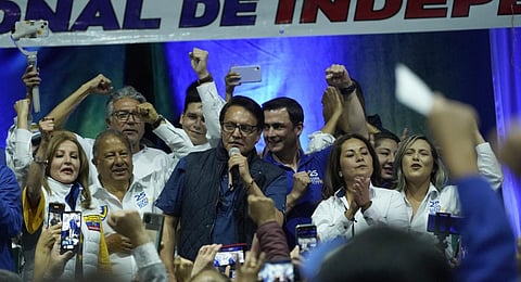Presidential candidate Fernando Villavicencio speaks during a campaign event at a school minutes before he was shot to death outside the same school in Quito, Ecuador, Aug. 9, 2023 (Photo | AP)