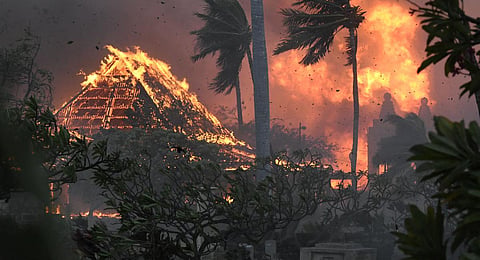 The hall of historic Waiola Church in Lahaina and nearby Lahaina Hongwanji Mission are engulfed in flames. (Photo | AP)