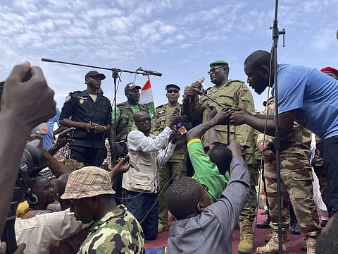 Mohamed Toumba, one of the soldiers who ousted Nigerian President Mohamed Bazoum, addresses supporters of Niger's ruling junta in Niamey. (Photo | AP)