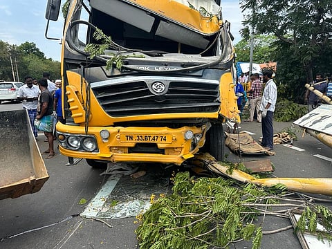 The mangled remains of the tipper lorry which ran berserk and crashed into motorcyclists in Chengalpattu on August 11, 2023. (Photo | Special Arrangement)