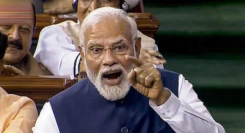 PM Narendra Modi replies to the Motion of No-Confidence in the Lok Sabha in the Monsoon session of Parliament. (Photo | PTI)
