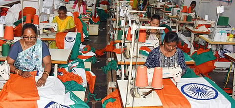 Women employees of Khadi Federation near Hubballi work full-time to meet the orders of National Flag for Independence Day. (File Photo | D Hemanth)