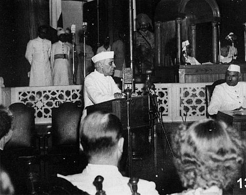 FILE - India's first Prime Minister Jawaharlal Nehru addressing the midnight session of Constituent Assembly of India on 14/15-08-1947 in New Delhi. (Photo | PTI)