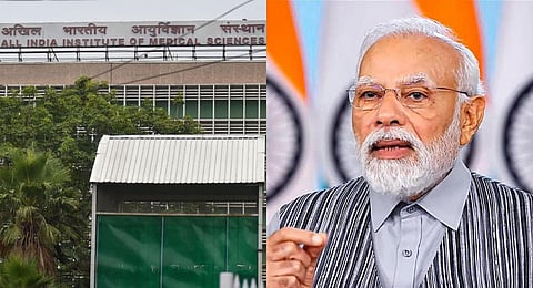 A collage of AIIMS in New Delhi and PM Narendra Modi, used for representational purposes only. (Photos | PTI)