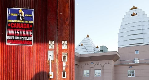 A collage of Lakshmi Narayan mandir in Surrey, British Columbia (R) along with a pro-Khalistani poster put up outside the temple door.
