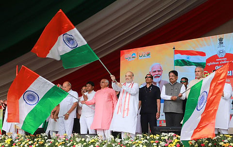Amit Shah at the Tiranga Yatra in Ahmedabad. (Photo | Special Arrangement)