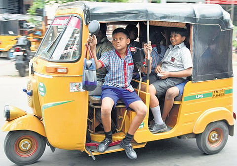 School students returning home in packed auto rickshaws near Choolai and Broadway in Chennai | Ashwin Prasath &  R Krishnaraj