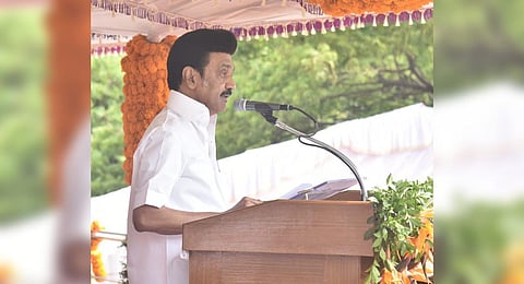 Tamil Nadu Chief Minister MK Stalin during his Independence Day addresses at Fort St George in Chennai, on Tuesday, Aug 15, 2023. (Photo | P Jawahar, EPS)