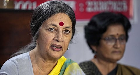 CPI(M) leader Brinda Karat speaks during a press conference on the Manipur issue, in New Delhi, Wednesday.(Photo | PTI)