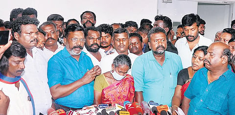 VCK leader Thol Thirumavalavan called on the Nanguneri caste atrocity victims and their mother at Tirunelveli Medical College Hospital on Tuesday | Express