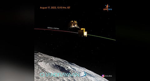 IMAGE VIA @isro  An illustration showing ISRO's 'Chandrayaan-3' after its landing module (LM) successfully separated from the propulsion module.(Photo | PTI)