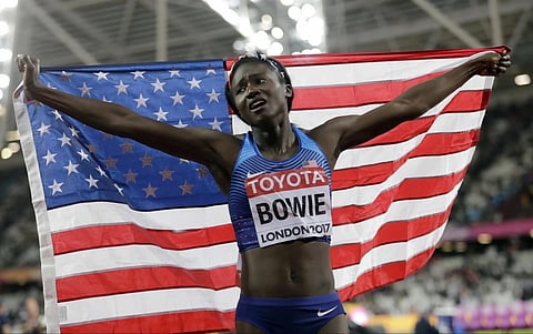 Tori Bowie celebrates after winning the gold medal in the Women's 100m final during the  World Athletics Championships in London, Aug 6, 2017. (File Photo | AP)