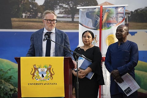 Charles Gladstone, a descendant of former plantation owner John Gladstone, delivers an apology on behalf of the Gladstone family at Georgetown University in Georgetown, Guyana. (Photo | AP)