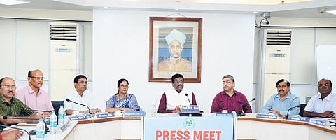 OUAT vice-chancellor Prof PK Roul briefing the media. (Photo | Express)