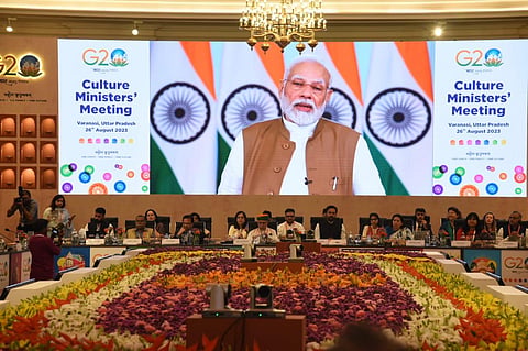 PM Modi delivers a virtual address at the G20 Culture Ministers' Meeting in Varanasi, Aug 26, 2023. (Photo | Express)