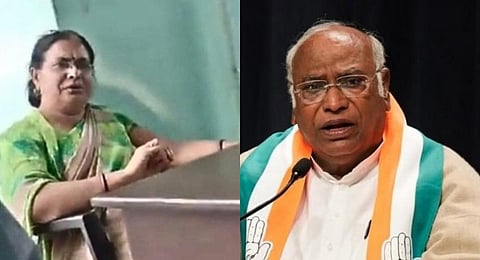 A collage of Congress President Mallikarjun Kharge and the UP school teacher who was caught asking her students to slap their Muslim classmate. 