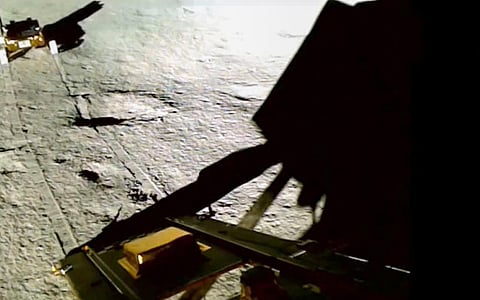 Chandrayaan-3 Pragyan rover roams around the 'Shiv Shakti Point', Vikram' lander's touchdown spot, on the Moon at the south pole. (PTI)